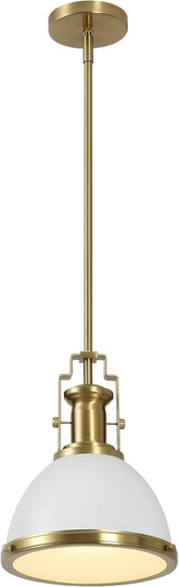 10" Brass Gold/White Modern Industrial Iron LED Dome Pendant Light, Adjustable Hanging Fixture for Kitchen Island or