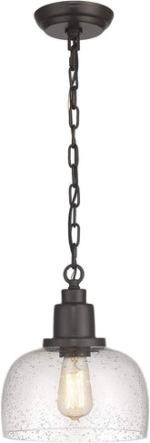 1-Pack Farmhouse Pendant Light, 1-Light Industrial Hanging Light Fixture with 9.3" Round Seeded Glass Shade, Dark