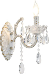 1-Light Distressed White Crystal Wall Sconce, Vintage Farmhouse Candle Style Wall Lamp, French Country Crystal Drop