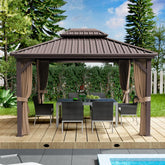 10'x12' Hardtop Gazebo - Permanent Metal Pavilion with Netting and Shaded Curtains for Patio, Backyard
