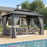 10'x14' Hardtop Gazebo, Metal Frame Canopy with Double Galvanized Steel Roof, Outdoor Metal Pavilion with Netting