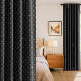 100% Blackout Decorative Linen Curtains with Geometric Pattern, Thick Woven Farmhouse Rustic Patterned Drapes with Back Tab for Bedroom and Living Room, Black, 2 Panels