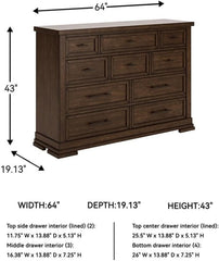10-Drawer Double Dresser, 64 in Wide, Solid and Engineered Wood, Brown Finish, Picture Frame Detailing, Felt-Lined