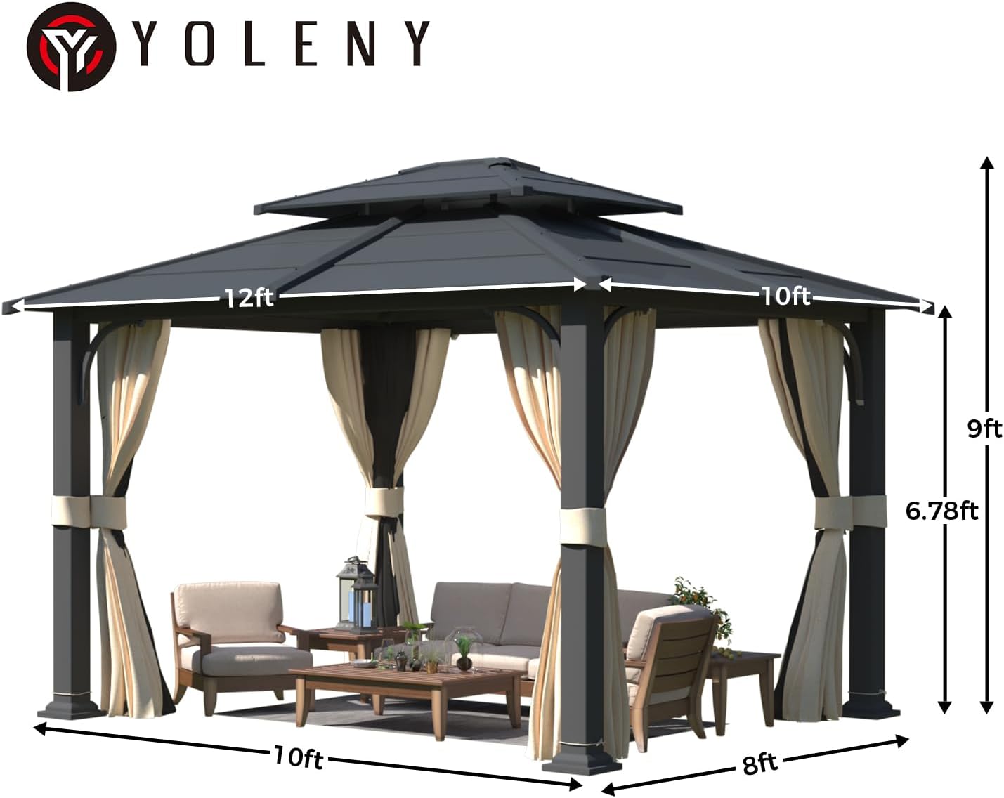 10'x12' Gazebo with Galvanized Steel Roof, Hardtop Double Roof with Anti-Rust Coating