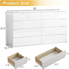 10 Drawer White Dresser , 55" Long Dresser Chest of Drawers, Large High Gloss Modern Storage Cabinet with Big Drawers