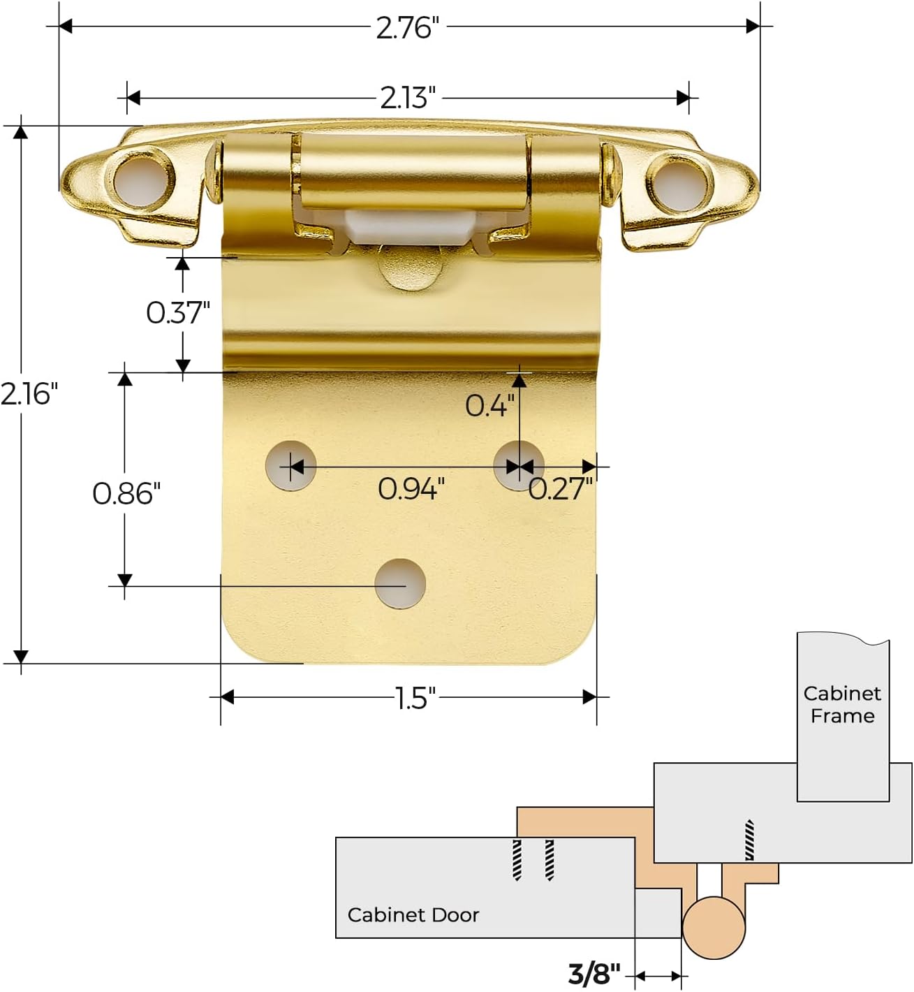 10 Pack (5 Pairs) 3/8 Inch Insert Kitchen Cabinet Hinges, Satin Brass Self Closing Hinges Doors, Semi-Concealed