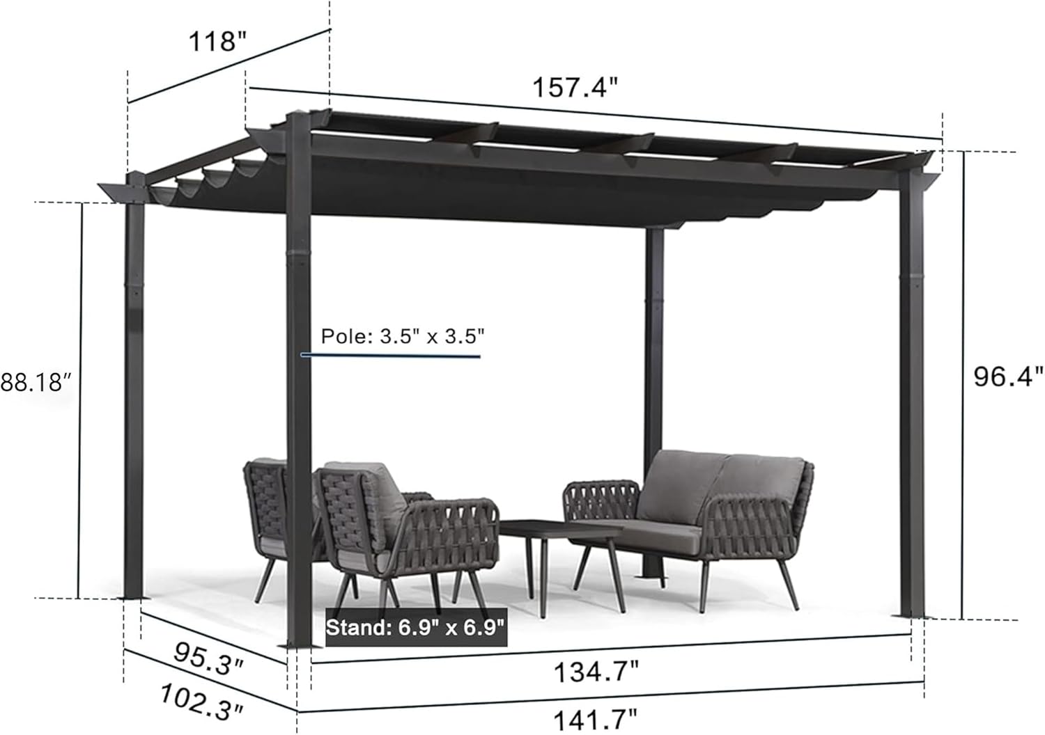 10' x 13' Aluminum Outdoor Pergola Wind-Resistant Retractable Pergola with Double Sun Shade Canopy Heavy-Duty Metal