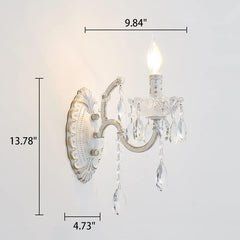 1-Light Distressed White Crystal Wall Sconce, Vintage Farmhouse Candle Style Wall Lamp, French Country Crystal Drop