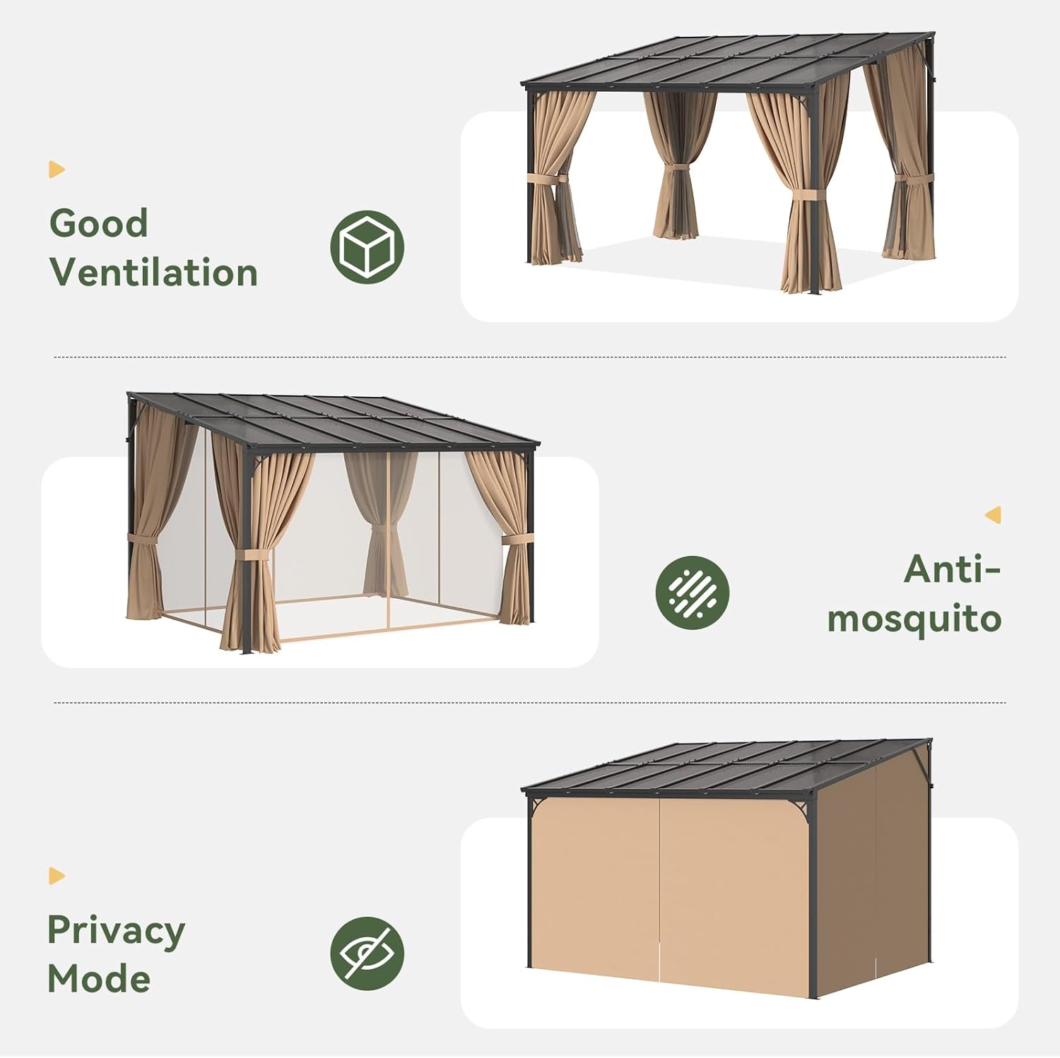 10'x12' Lean to Gazebo with Mosquito Net and Curtains, Aluminum Frame, Polycarbonate Panel