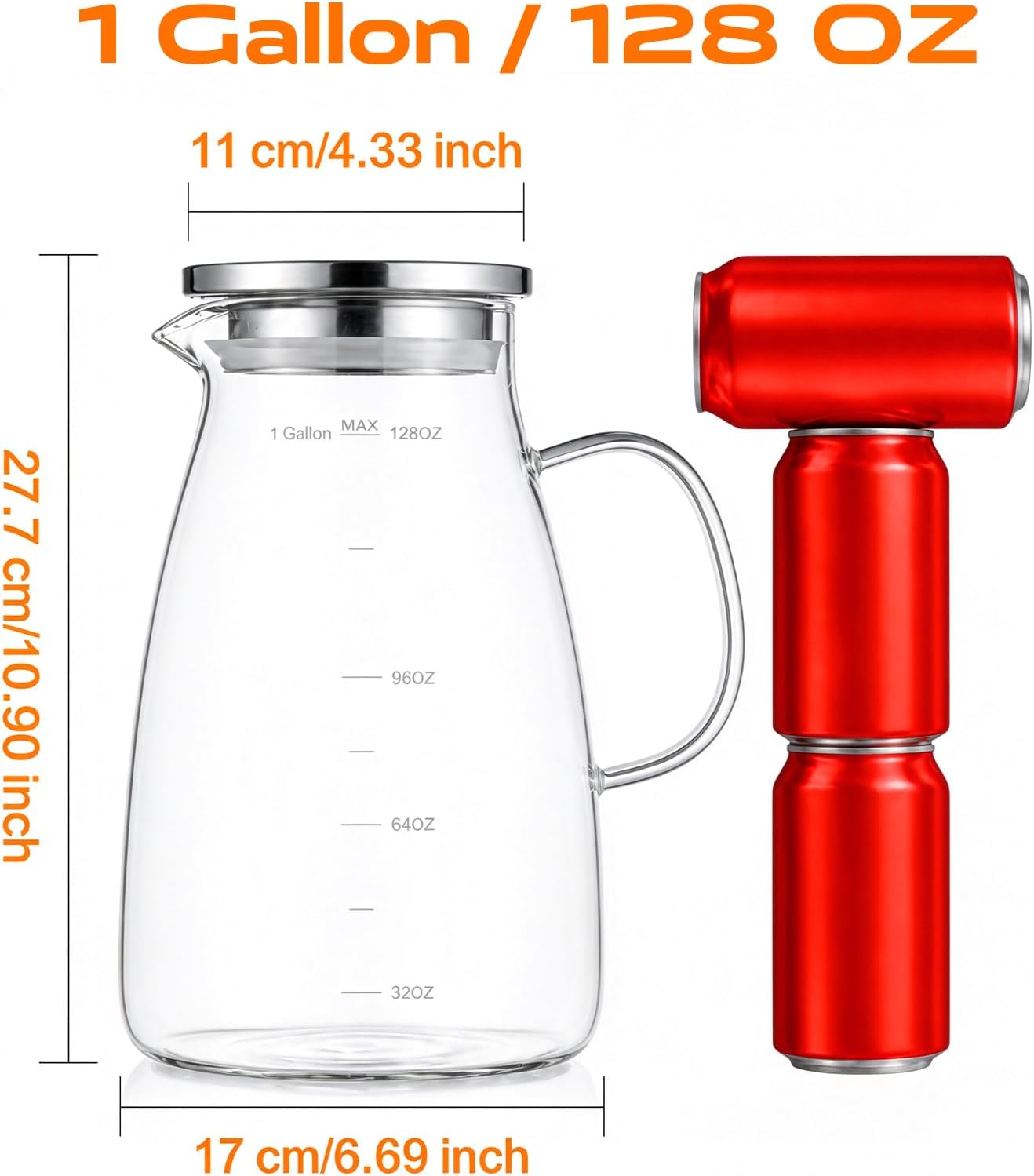 1 Gallon 128oz Glass Pitcher, Water Pitcher with Lid and Spout, Glass Carafe for Hot/Cold Drink, Water Jug for Iced