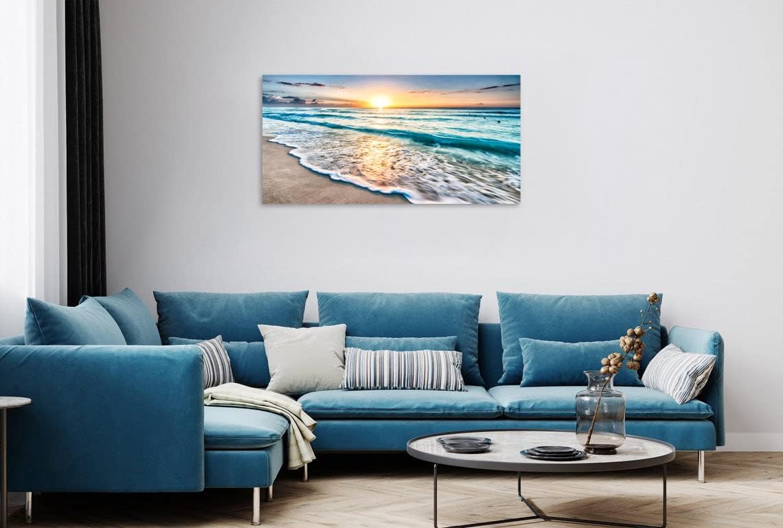 1 Panel Beach Wall Art Beach Art for Wall Blue Sea Sunset White Seaside Art Pictures of the Ocean Print on Canvas