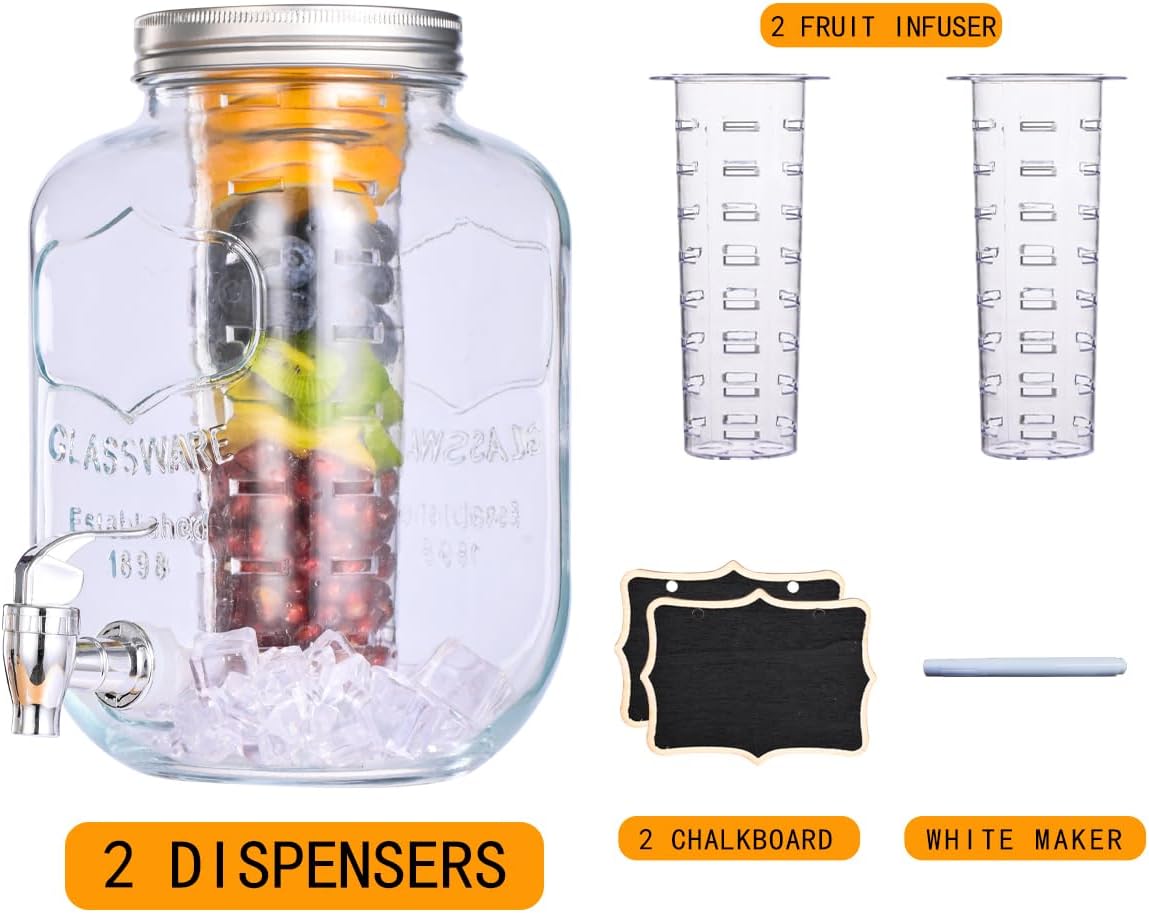 1 Gallon Glass Drink Dispensers for Parties,2 Pack Beverage Dispenser with Fruit Infuser,Laundry Detergent Dispenser