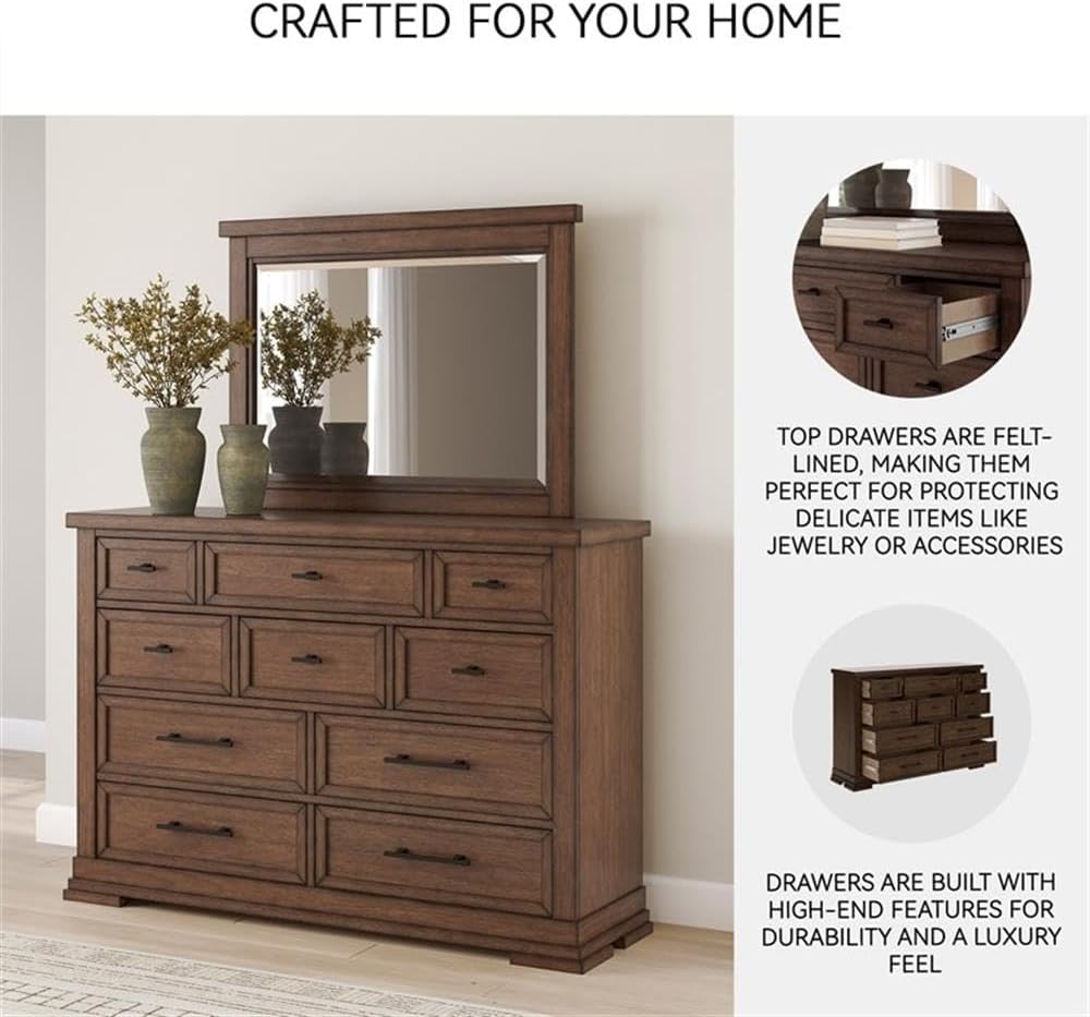 10-Drawer Double Dresser, 64 in Wide, Solid and Engineered Wood, Brown Finish, Picture Frame Detailing, Felt-Lined