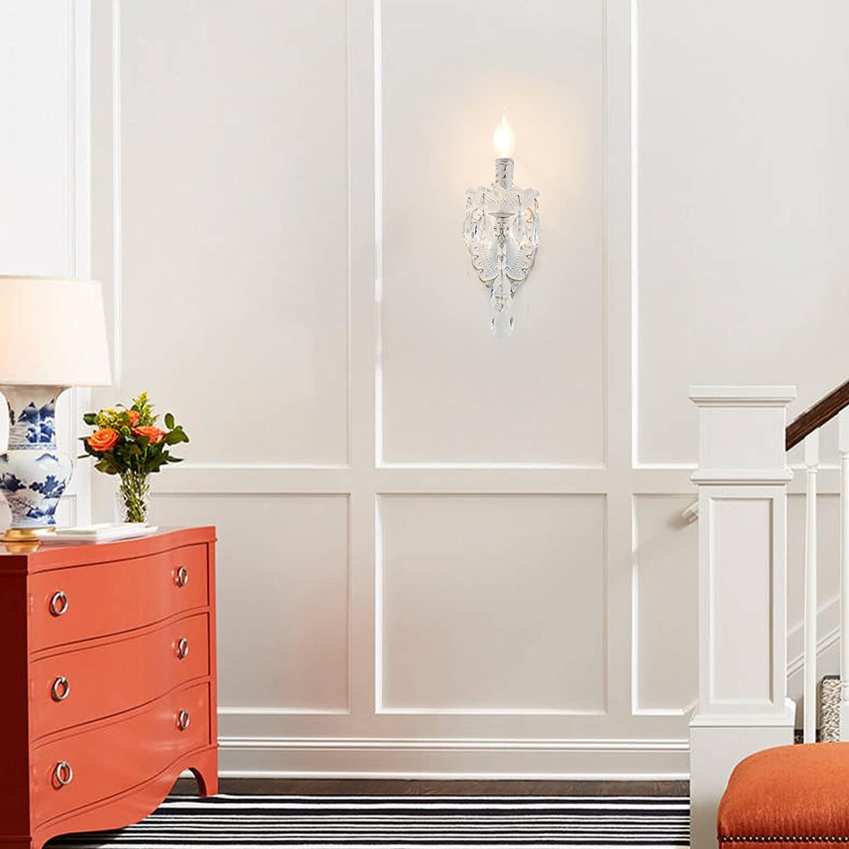 1-Light Distressed White Crystal Wall Sconce, Vintage Farmhouse Candle Style Wall Lamp, French Country Crystal Drop
