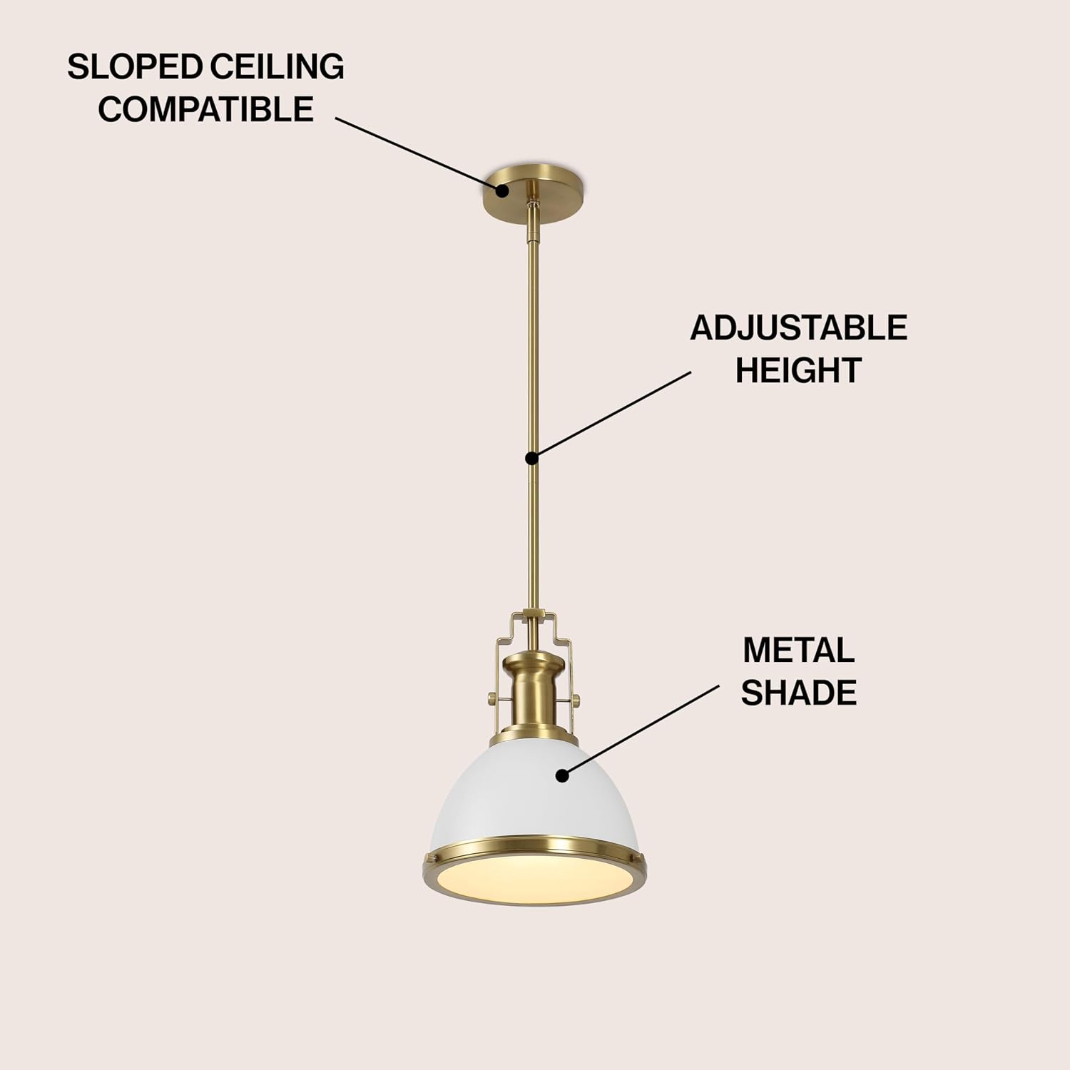10" Brass Gold/White Modern Industrial Iron LED Dome Pendant Light, Adjustable Hanging Fixture for Kitchen Island or