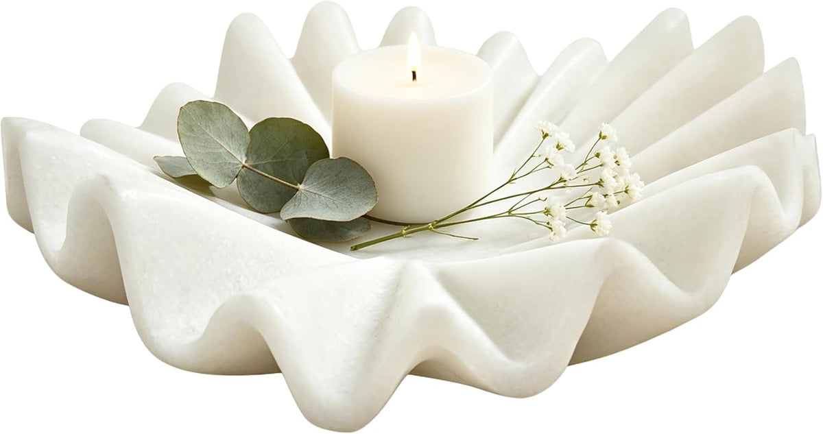 10 Inch Decorative Bowl, White Marble Style Centerpiece | Ruffled Wavy Tray Decor for Modern Home Coffee Table