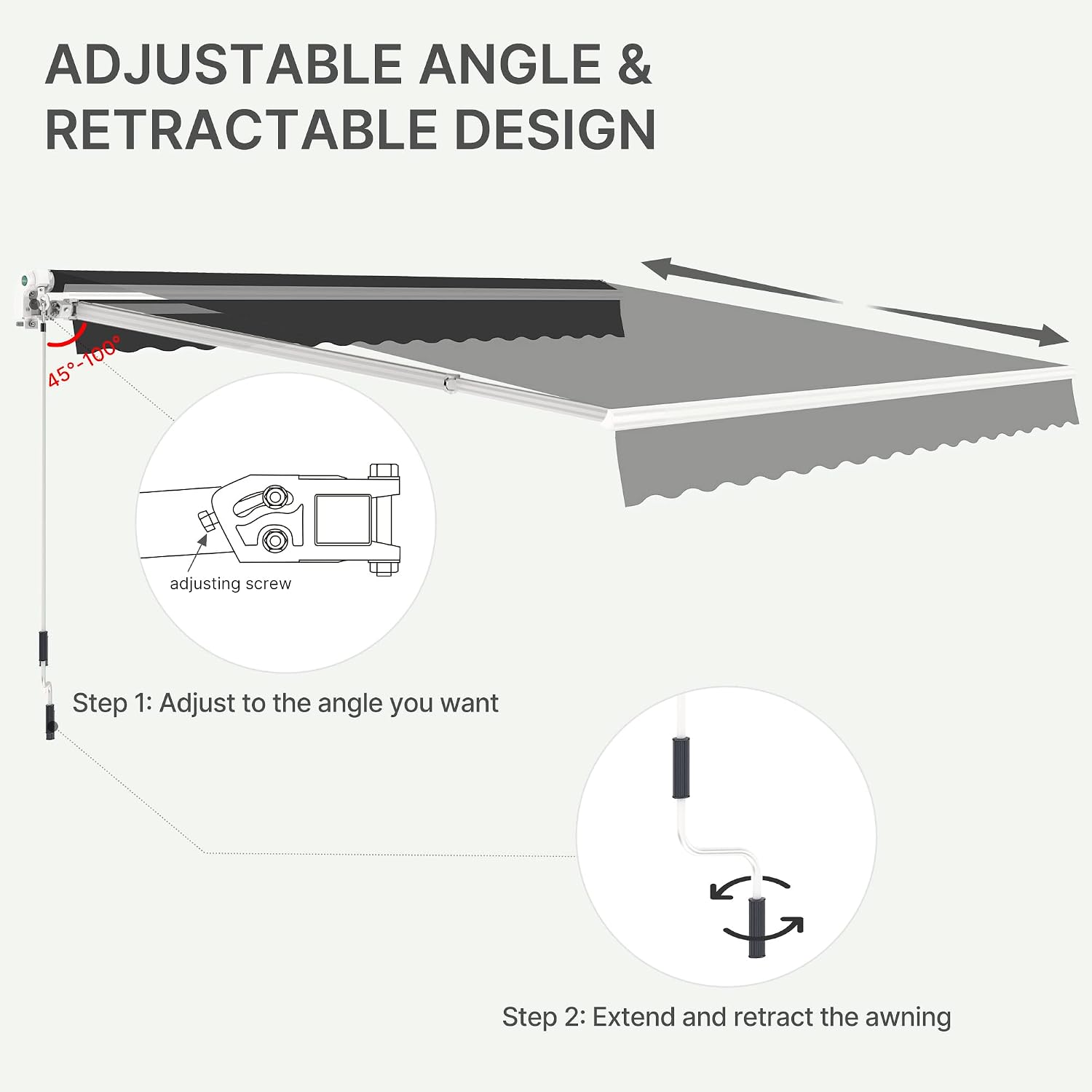 10'x8' Patio Manual Retractable Awning Fully Assembled, Dark Grey | Aluminum Frame, 280G Polyester, Water-Resistant