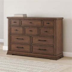 10-Drawer Double Dresser, 64 in Wide, Solid and Engineered Wood, Brown Finish, Picture Frame Detailing, Felt-Lined