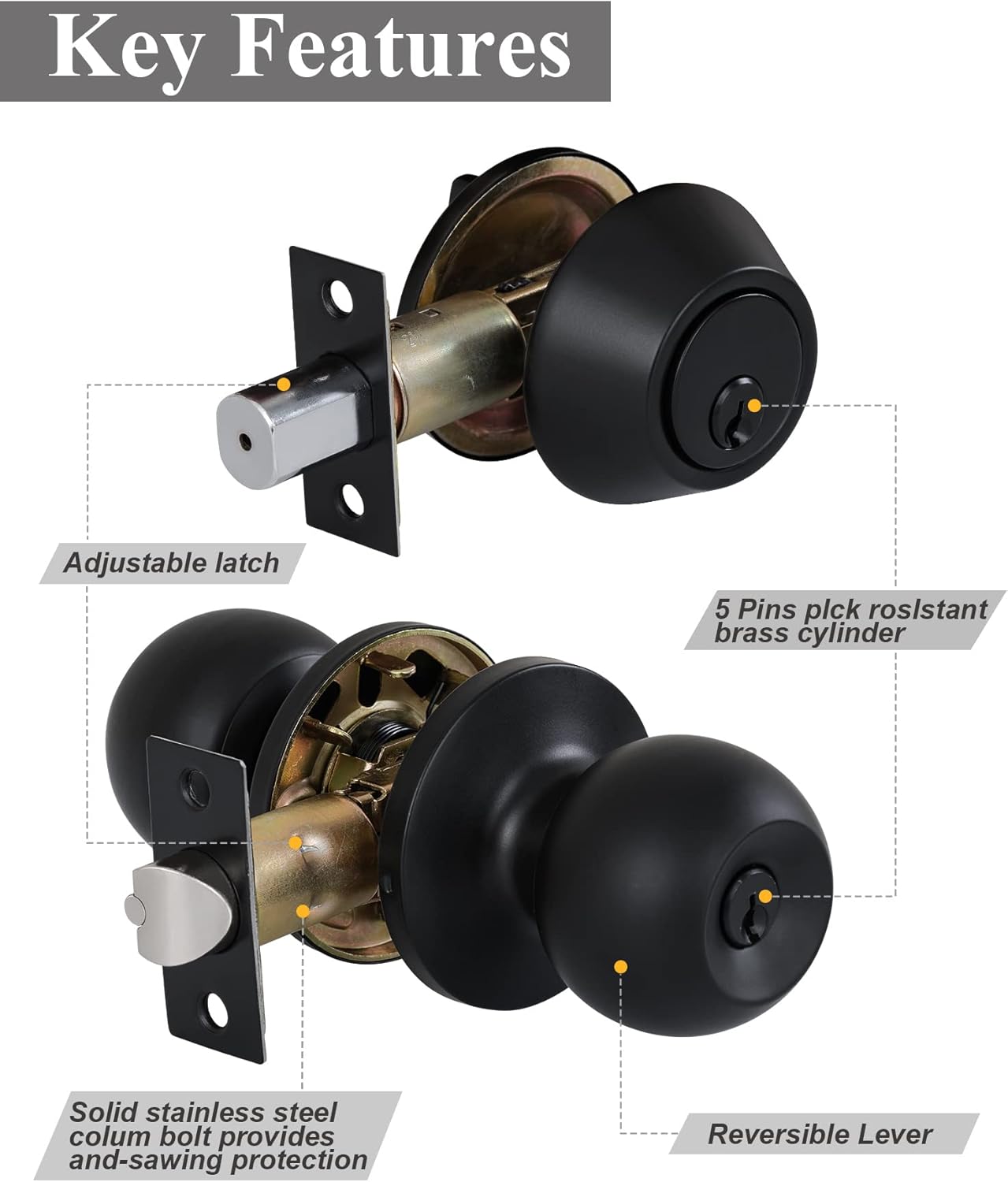 (2 Sets) All Keyed Same Entry Knobs&Single Cylinder Deadbolt Front Doors - Door Knob