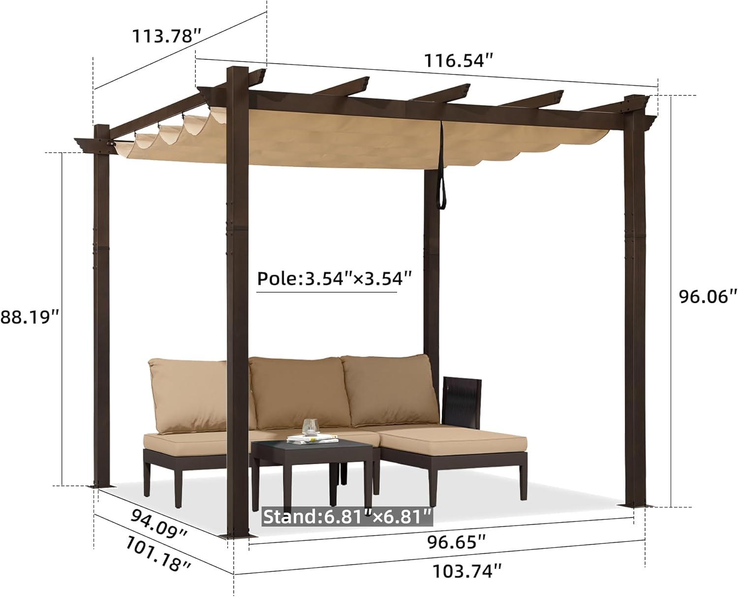 10' X 10' Outdoor Retractable Metal Pergola with Canopy Patio Pergola with Shade Cover Yard Pavilion Grill Modern for