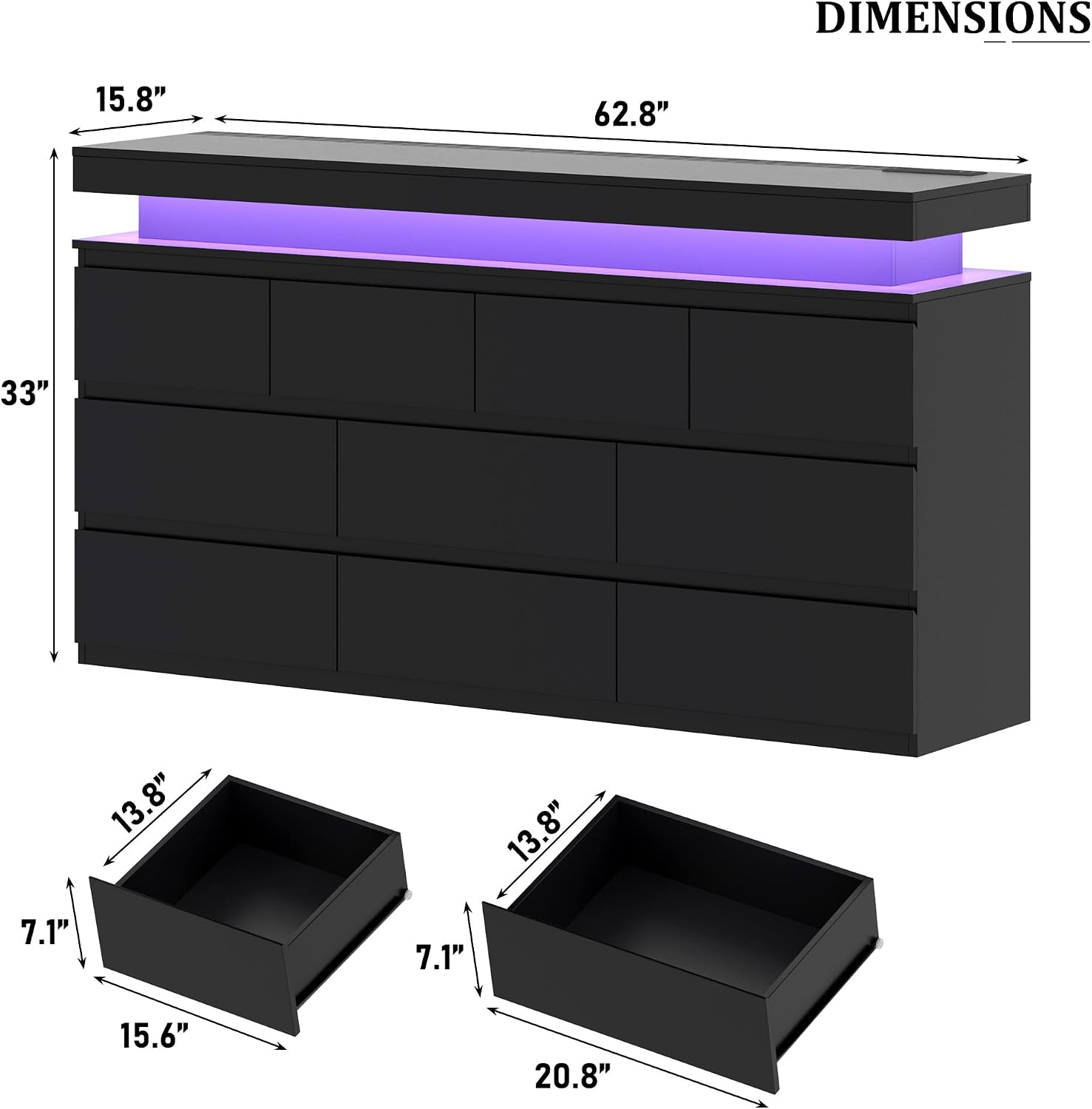 10 Drawer Dresser , 63" Wide 34" Tall Drawer Organizer Cabinet with LED Light and Charge Station, Modern Chest of