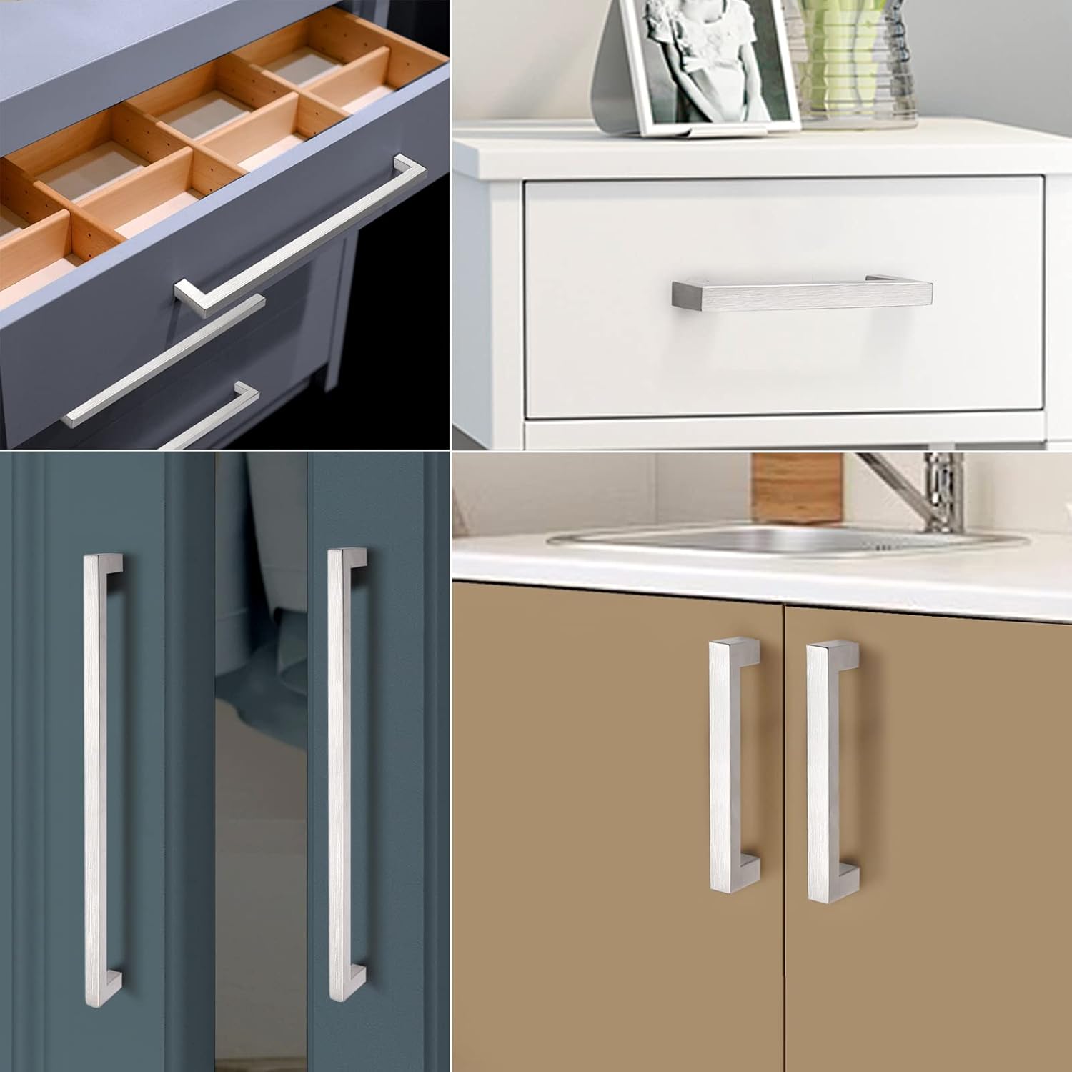 (10 Pack) 5 inch Holes Centers Square Kitchen Cabinet Handles Stainless Steel Cabinet Drawer Handles Brushed Nickel