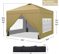 10'x10' Pop Up Canopy Tent, Portable Gazebo, Easy Up Outdoor Canopy for Events, Parties, Camping, Brown.