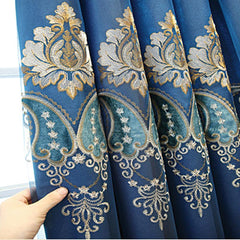 1 Pair European Double Layer Curtains with Valances for Living Room Bedroom Luxury Embroidered Curtains (Blue