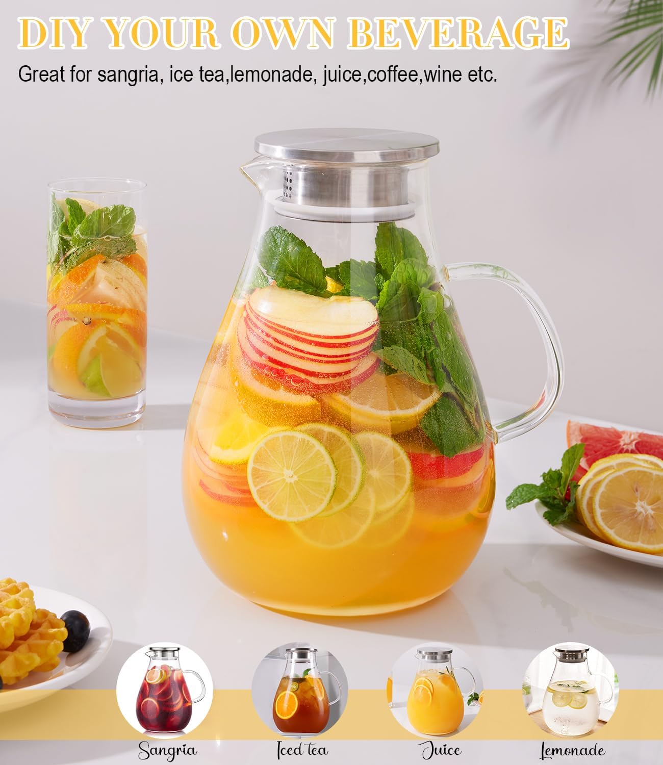 1 Gallon Glass Pitcher with Lid, 128oz Glass Water Pitcher with Handle for Fridge, Borosilicate Large Water Jug, Iced