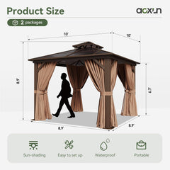 10'x10' Hardtop Gazebo, Outdoor Polycarbonate Double Top Canopy, Metal Frame Gazebo with Netting and Curtains