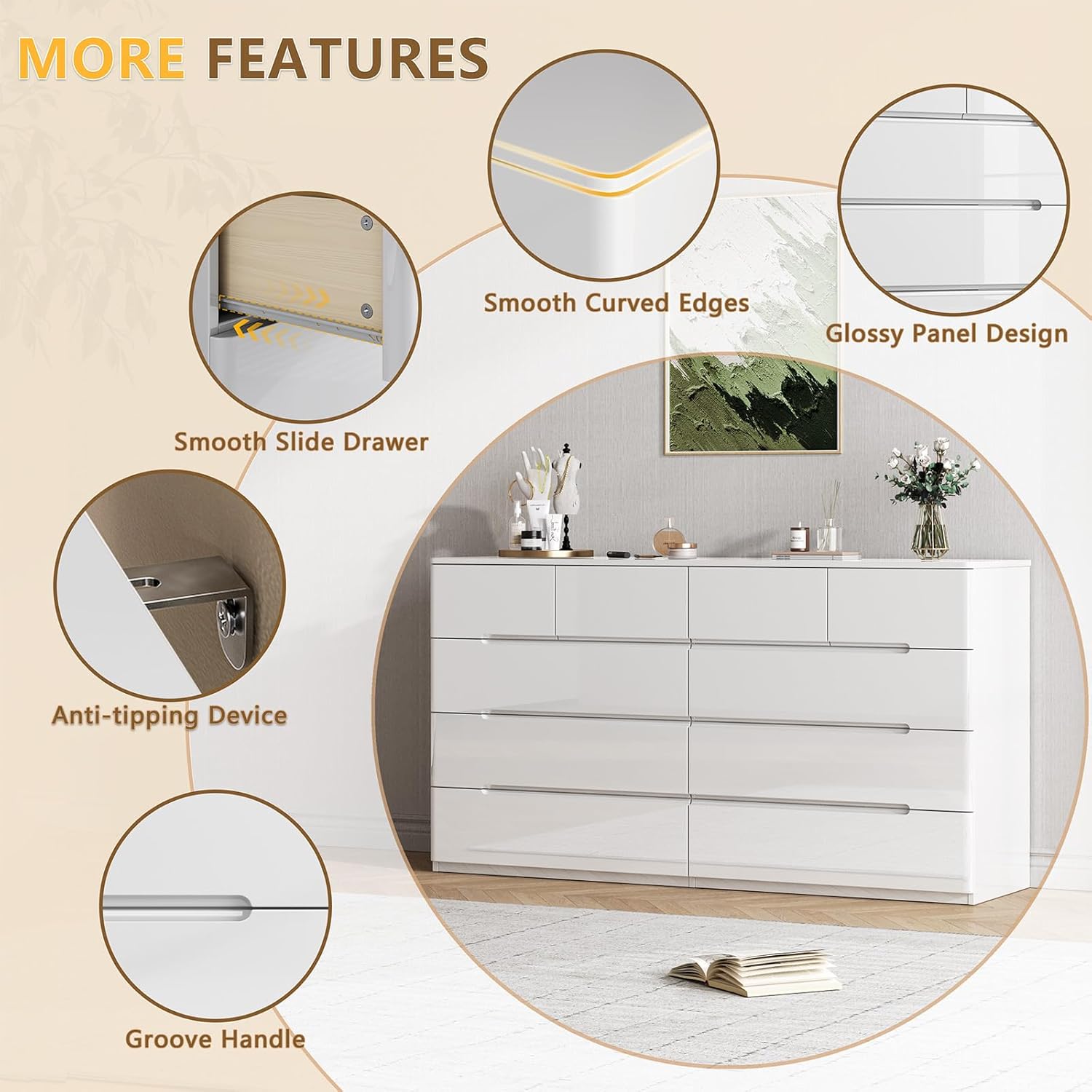 10 Drawer White Dresser , 55" Long Dresser Chest of Drawers, Large High Gloss Modern Storage Cabinet with Big Drawers