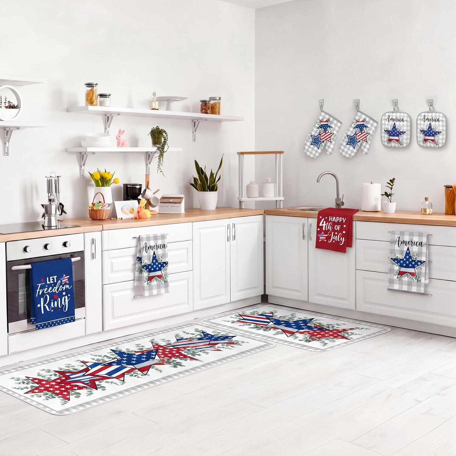 10 Pcs Patriotic Kitchen Decor and Accessories Set Star Pattern 4th of July Kitchen Towels Pot Holders Oven Mitts