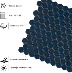 1" Hexagon Porcelain Mosaic Tile Matte Finish Navy Blue Color Wall and Floor Tile , Shower, and Backsplash (5 Sheets)