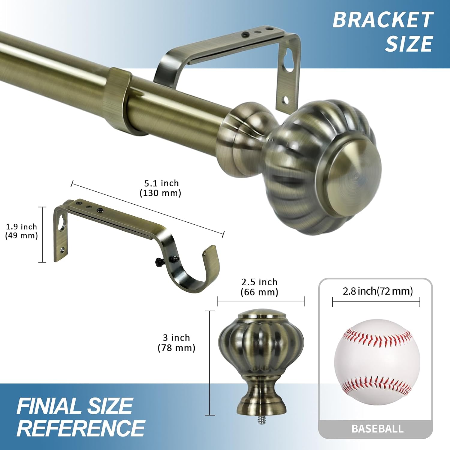 1-inch Diameter Doorknob Adjustable Single Drapery Curtain Rod, Antique Brass