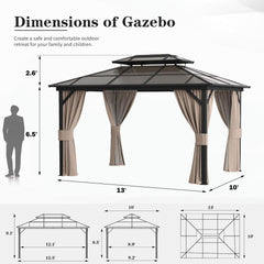 10'x13' Hardtop Gazebo, Outdoor Polycarbonate Double Roof Canopy