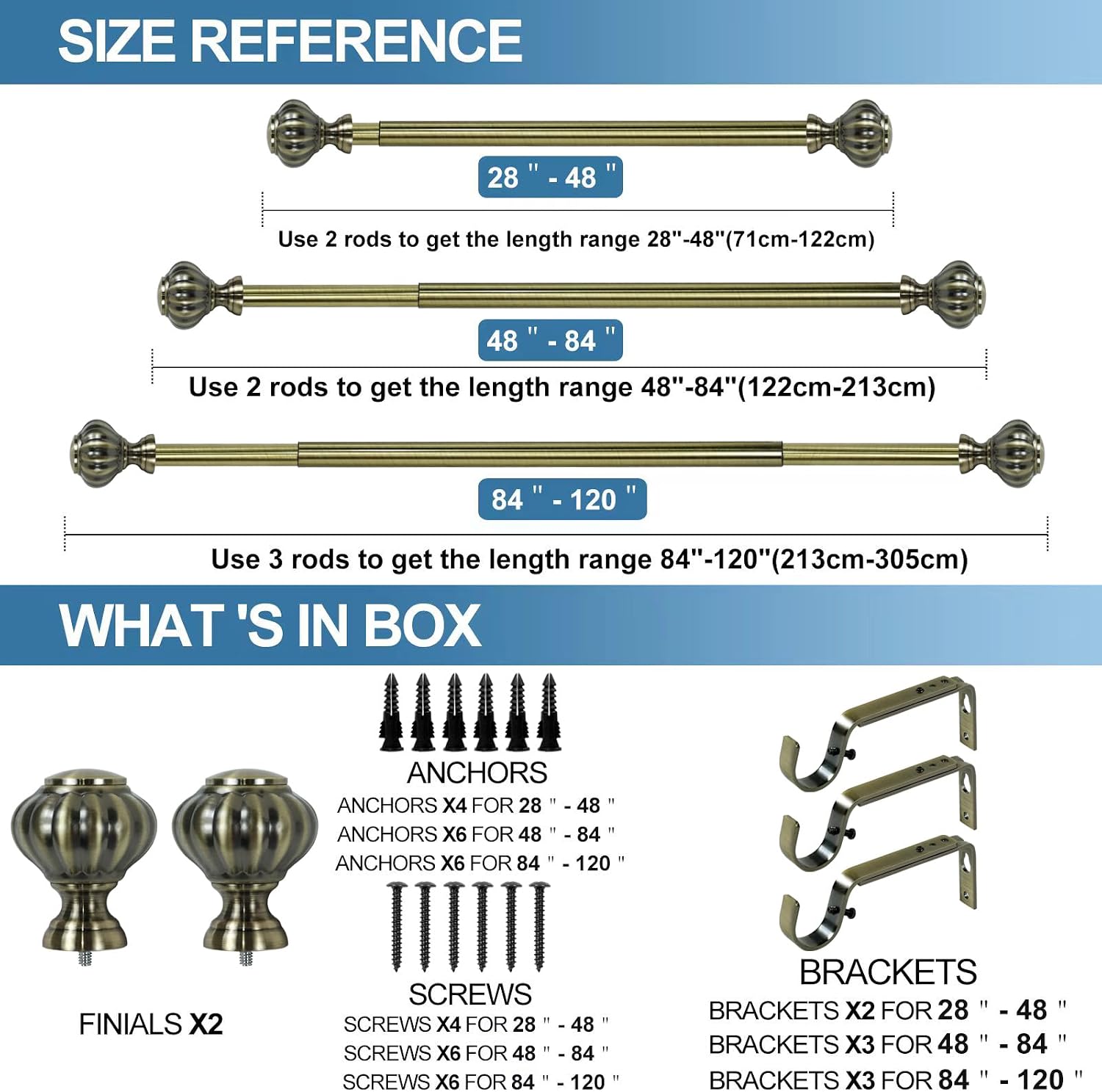1-inch Diameter Doorknob Adjustable Single Drapery Curtain Rod, Antique Brass