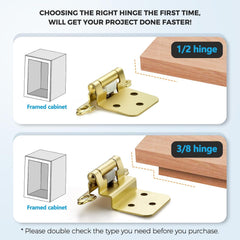 10 Pack (5 Pairs) 3/8 Inch Insert Kitchen Cabinet Hinges, Satin Brass Self Closing Hinges Doors, Semi-Concealed