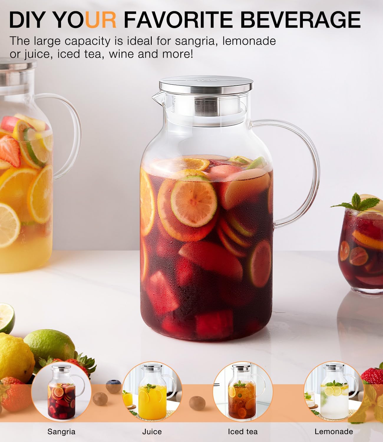 1 Gallon Glass Pitcher with Lid and Spout, 128oz Water Pitcher with Handle for Fridge, Large Iced Tea Jug