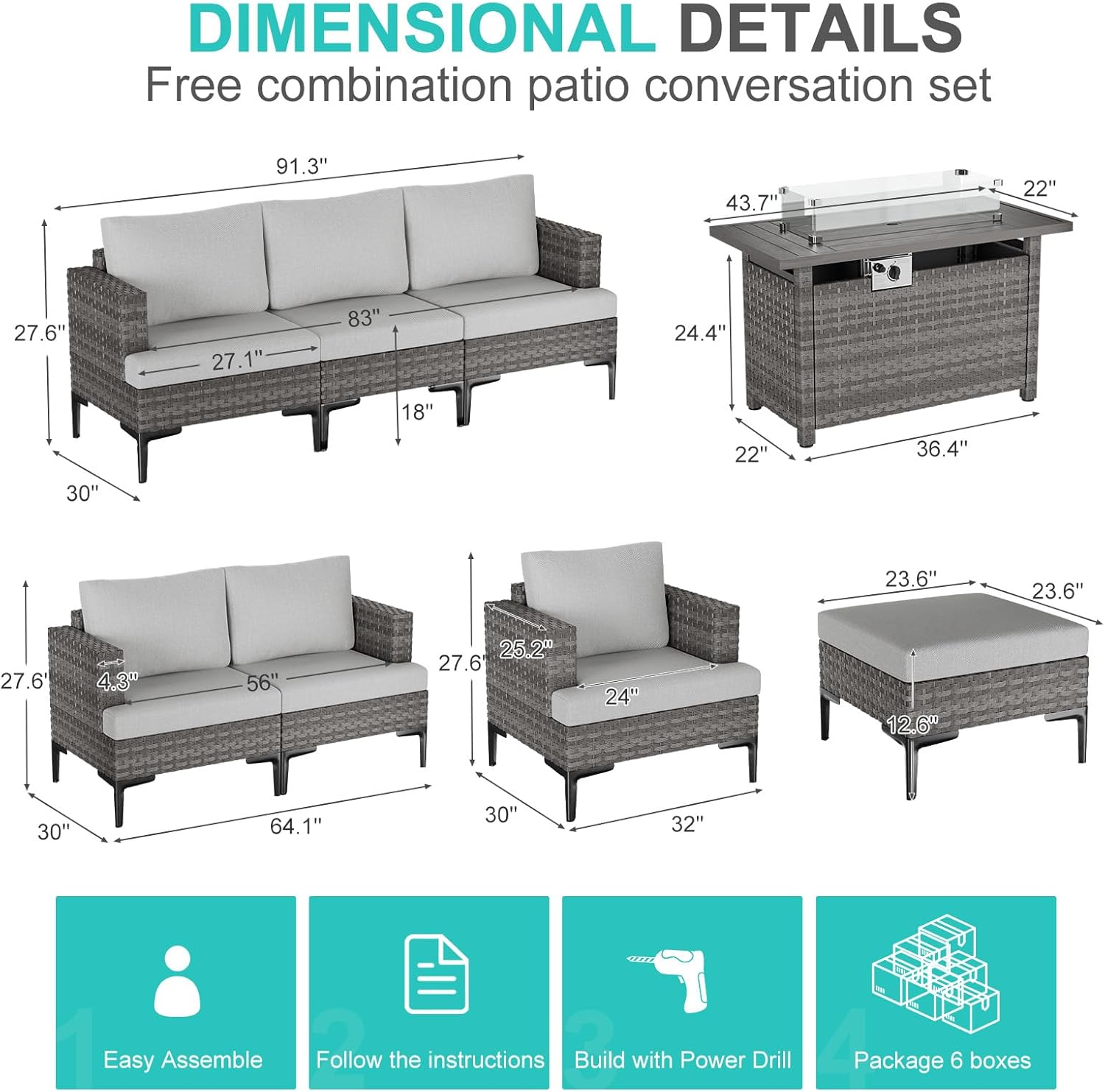 10 Piece Luxury Patio Furniture Set with 44" Fire Pit Table All Weather Outdoor Sectional with Thick Cushions Wicker