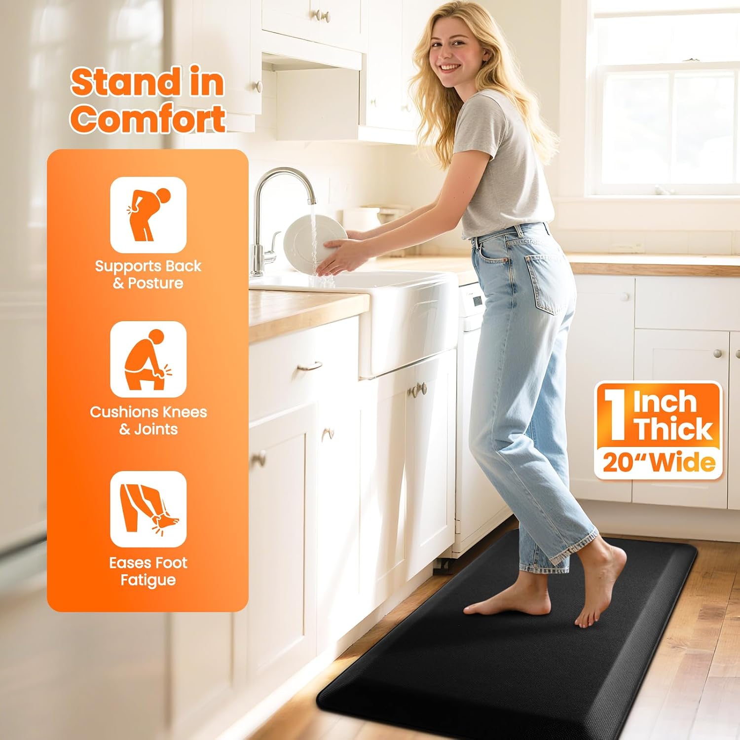 1-Inch Thick Anti-Fatigue Mat and Standing Desk, 20"x32", Black | Extra-thick cushioning, water-resistant surface