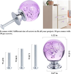 10 PCS Crystal Cabinet Knobs Round Glass Bubbles Dresser Knobs Smooth Drawer Knobs Handle for Home, Cabinet, Drawer and Dresser Hardware with 3 Different Size Screws, 30MM (Purple)