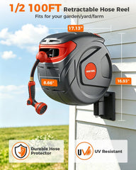 100 FT 1/2 Inch Retractable Garden Hose Reel Wall-Mounted 180° Swivel 9-Patern Nozzle Automatic Slow Return Any