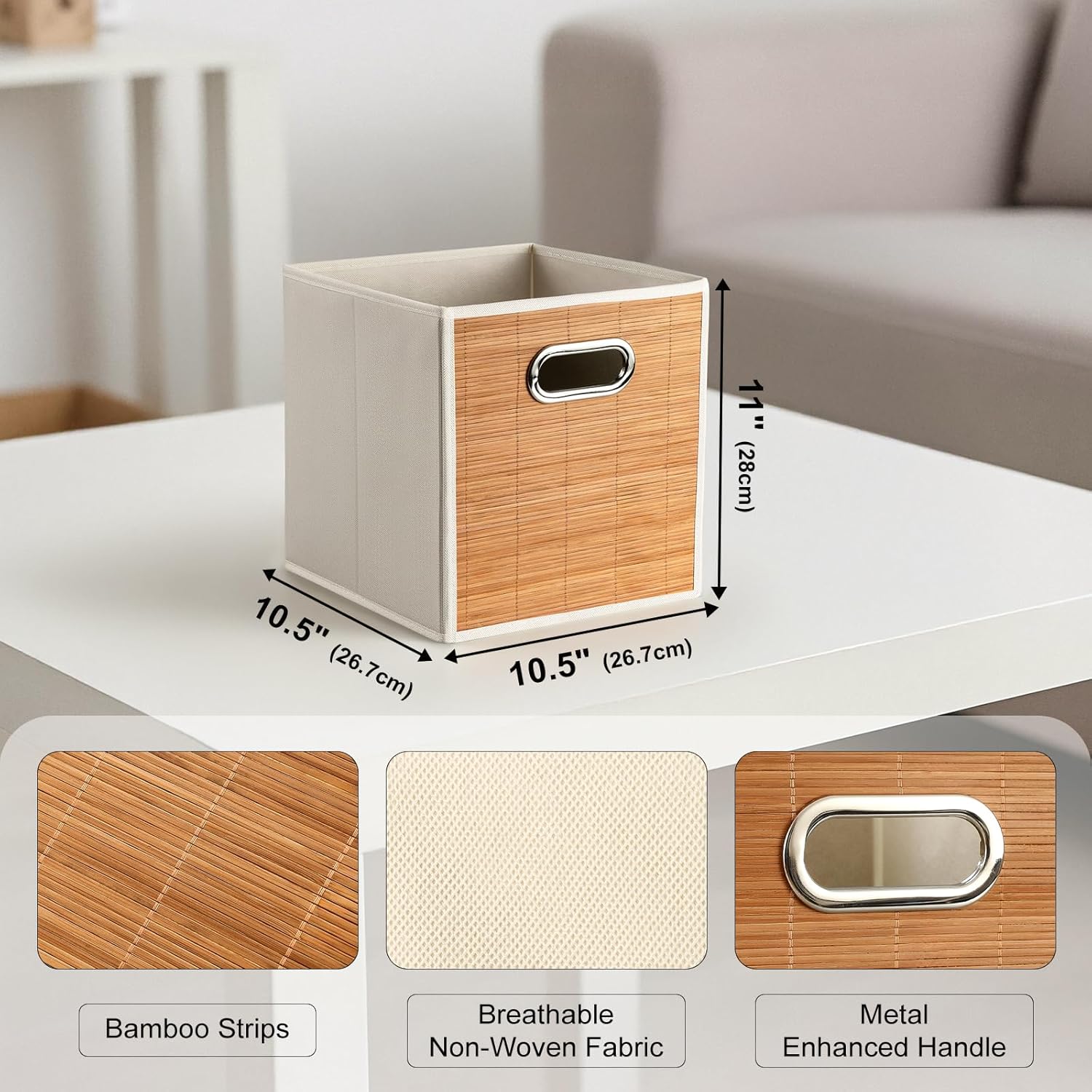 10.5x10.5in Bamboo Storage Cubes Storage Baskets, 6-Pack Foldable Handwoven Bamboo Strip Wicker Basket, Wicker Cube
