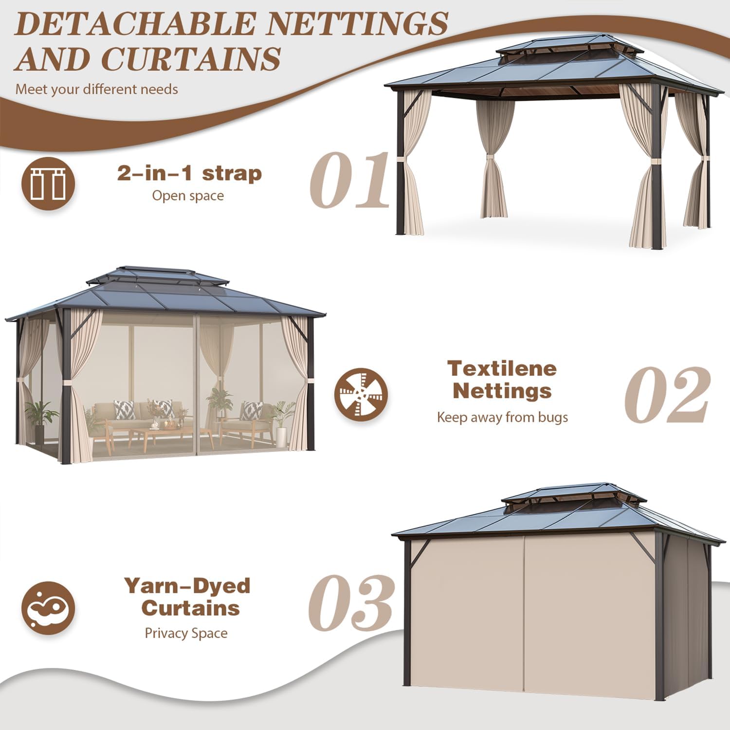 10' x 13' Gazebo Polycarbonate Double Roof Canopy Outdoor Aluminum Frame Pergola