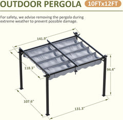 10'x12' Outdoor Pergola with Retractable Canopy, Patio Metal Heavy-Duty Gazebo Shelter