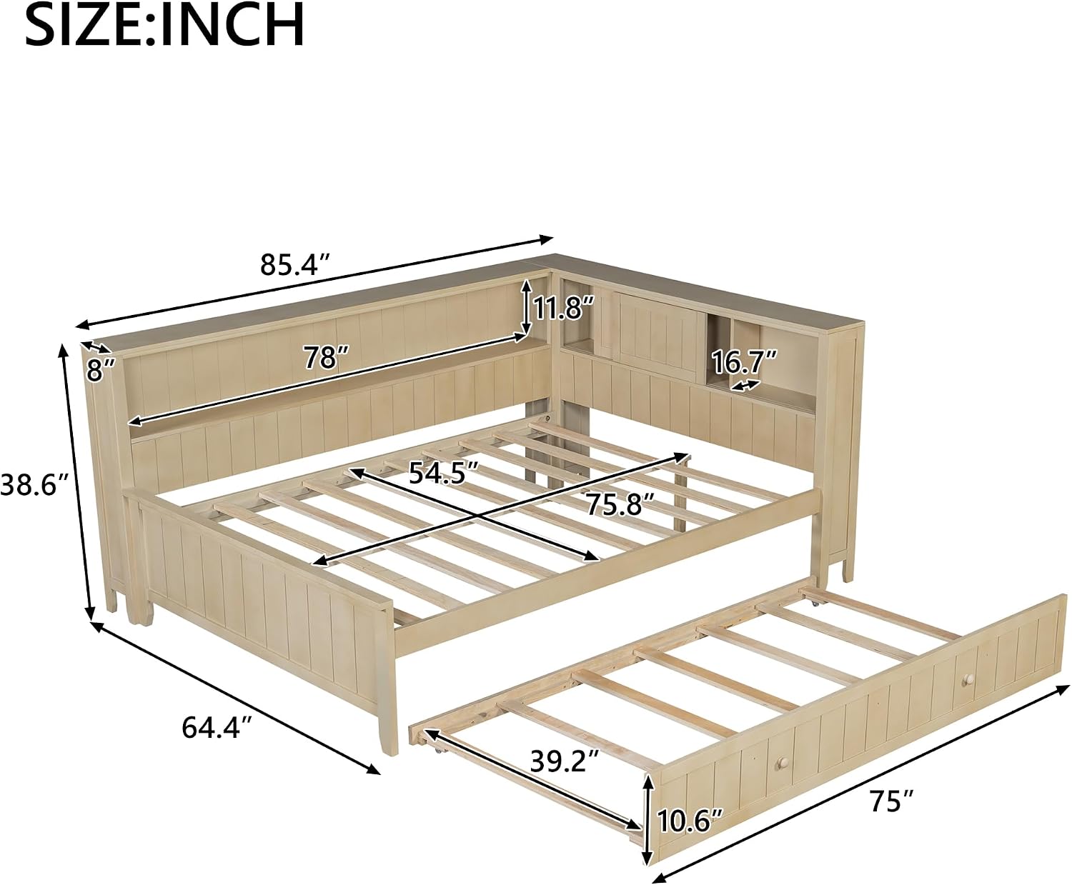 & Bright Designs Full Size Daybed with Trundle and Shelves, Wood Corner Bed Frame with Bookcase and Headboard for