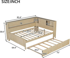 & Bright Designs Full Size Daybed with Trundle and Shelves, Wood Corner Bed Frame with Bookcase and Headboard for