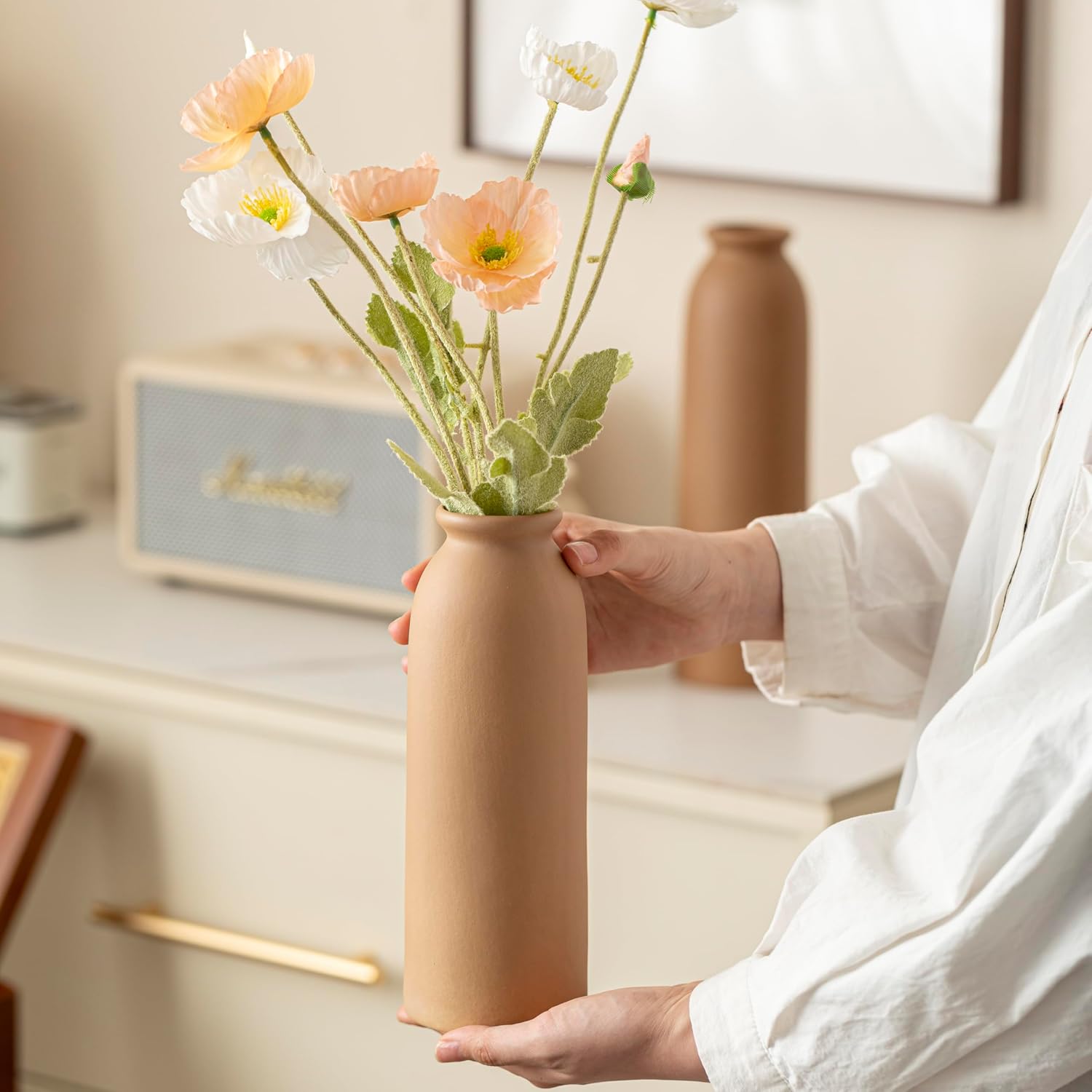 10.4 inches Tall Decorative Ceramic Vase Set, 3 Pieces, Nordic Modern Boho Style, White, Modern Farmhouse