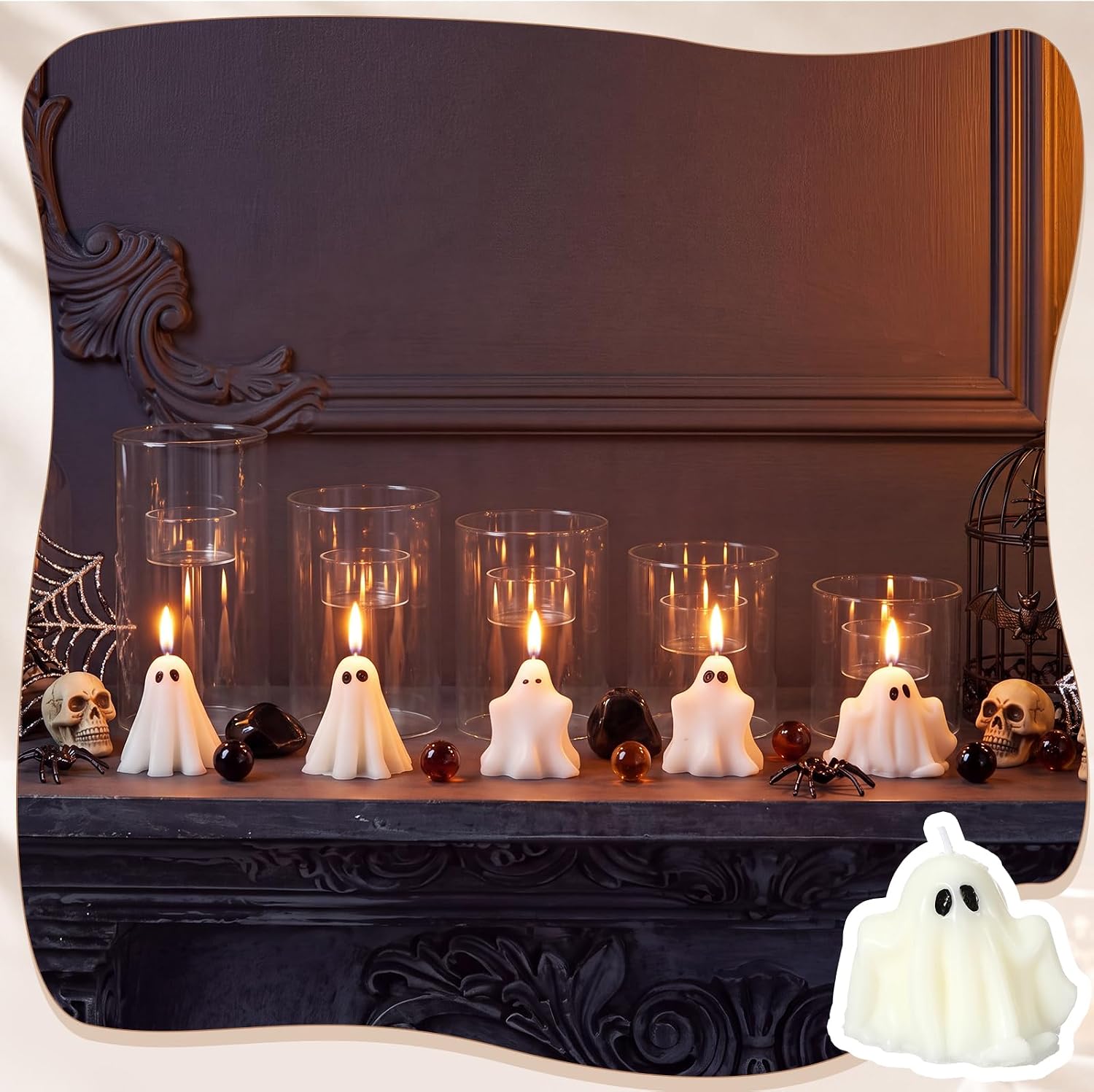 10 Pcs Halloween Glass Cylinder Hurricane Candle Holder with Halloween Ghost Candles, Clear Cylinder Pillar Candle