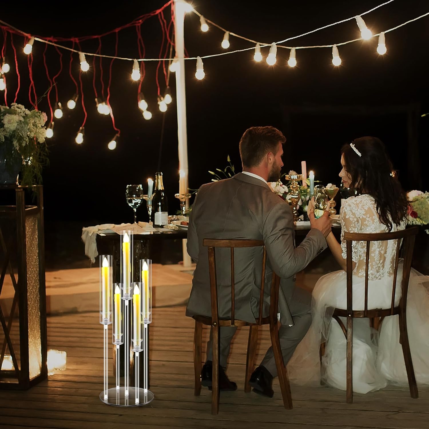 1 Set 5 Arm Acrylic Candelabra Holder Floor Clear Candle Centerpieces with LED Candles and Shade for Proposal